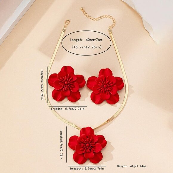 Vintage Flower Necklace Earring Set Gold Snake Chain Bridal Summer Jewelry - Picture 5 of 6